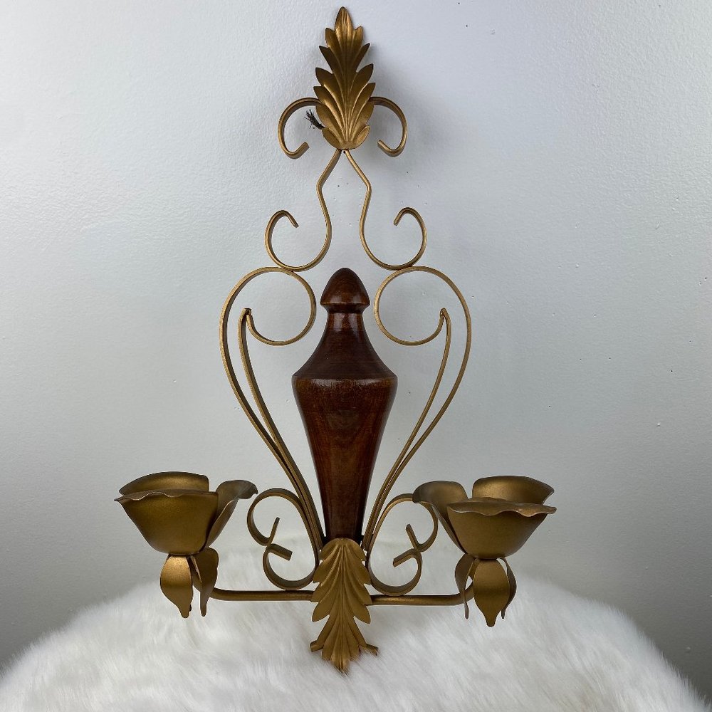 Vintage Wood & Brass Rose Candle Holder Wall Hanging 17.5" X 9.5" X 4" - Picture 1 of 10